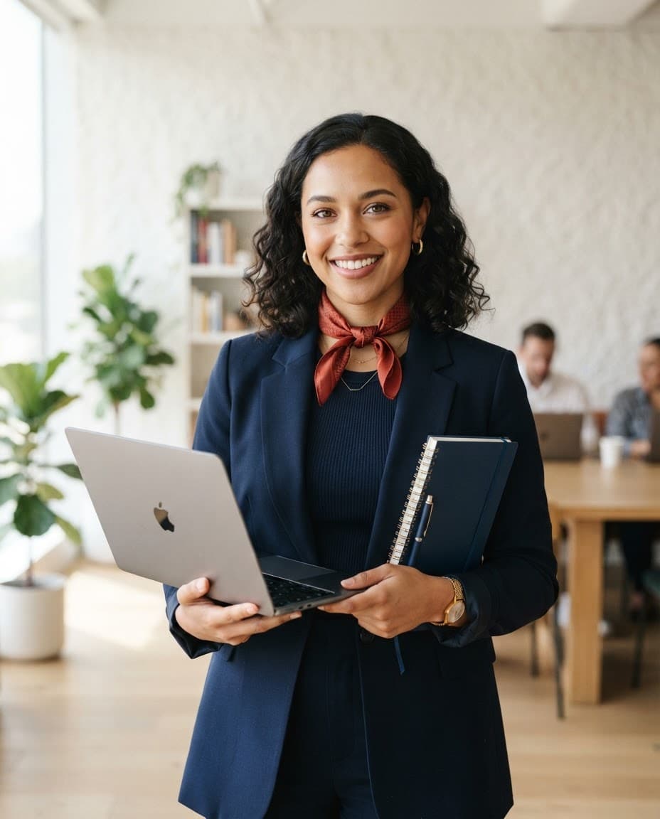 Professionnelle souriante avec un ordinateur portable, prête à choisir sa formation